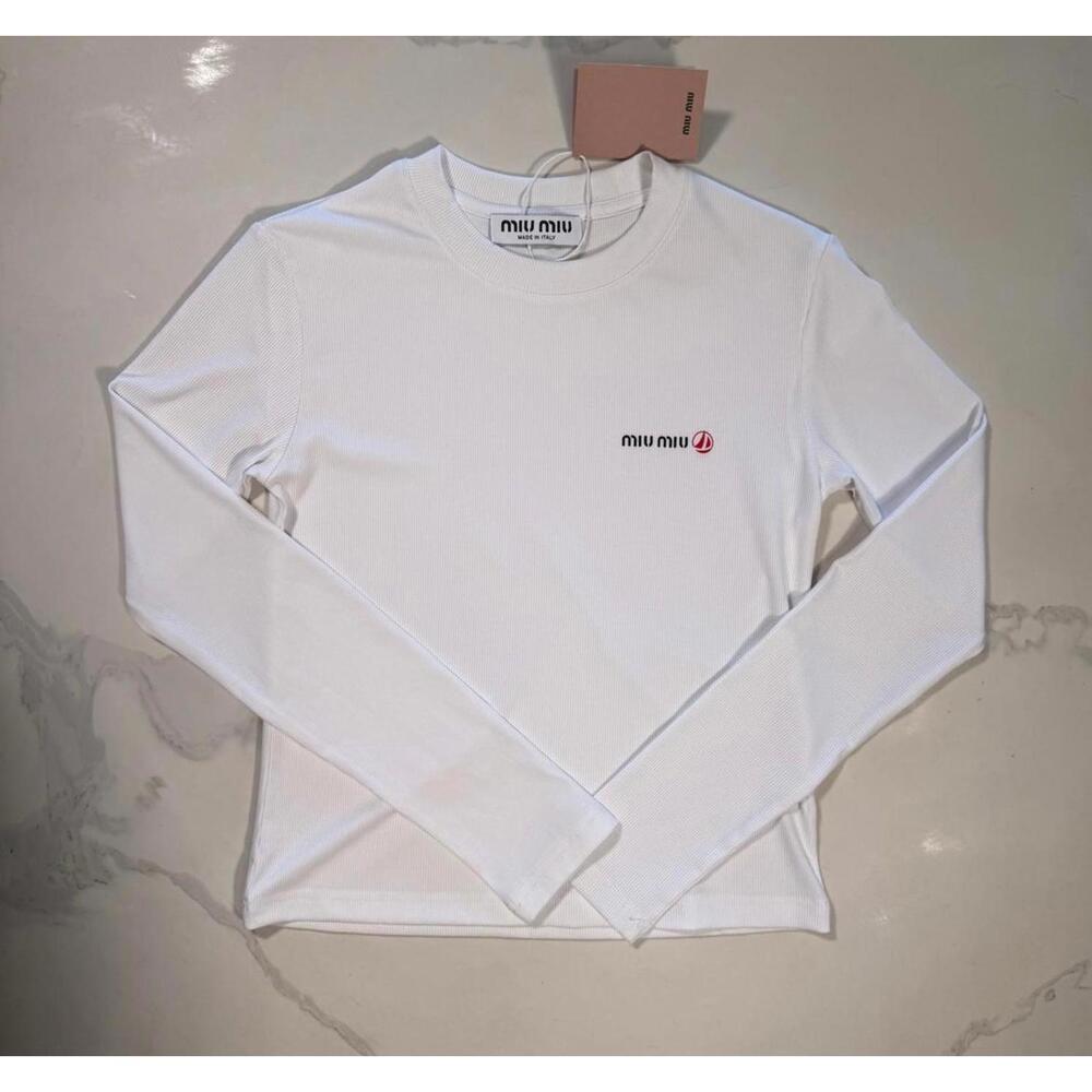 Petit Bateau x Miu Miu White Long Sleeve Logo Top Size L